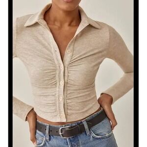 Reformation Elin Marble Cropped Ribbed Button Down Shirt Small